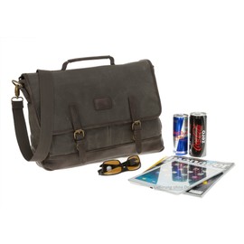 Vintage Pride Soul Briefcase Office Canvas Waxed Laptop Bag 47303 Grey/Brown + Bottle Set