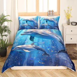 Feelyou Dolphin Bedding Set Twin Size Kids Cute Ocean Animal Comforter Cover Set for Boys Girls Teens Sea Creatures Duvet Cover Underwater Animal Bedspread Cover Jumping Dolphins Quilt Cover