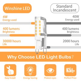 winshine 10 Pack G9 LED Bulb 3000K Warm White, T4 G9 Light Bulb 4W (40W Halogen Equivalent), T4 G9 Bi Pin Ceramic Base 360°Beam Angle 400 Lumen for Chandelier Ceiling Pendant Lighting No-Dimmable