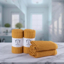 Püskül - 4 Pieces Waffle Towel Sets for Bathroom, Premium Organic Turkish Cotton 2 Hand Towels 2 Bath Towels Set (Mustrad Yellow)