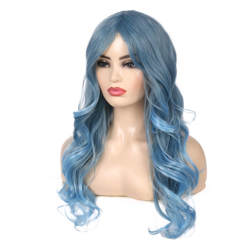 Long Curly Wavy Blue Wigs for Women Synthetic Halloween Cosplay