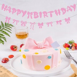Pink Bow Happy Birthday Banner - Pre-Strung, for Girls' Birthday/Baby Shower/Bridal Shower/Bachelorette Party Backdrop Decorations No DIY Needed!