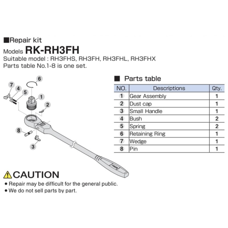 TONE Ratchet Handle Repair Kit RK-RH3FH Drive: 0.37 inches (9.5