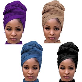 4 Packs Stretch Jersey Turban Head Wrap Scarf Headwraps for Women African Head Wraps Long Hair Scarf Ultra Soft Breathable Solid Color Turban Tie Large Headband (Black, Purple,Brown,Blue)