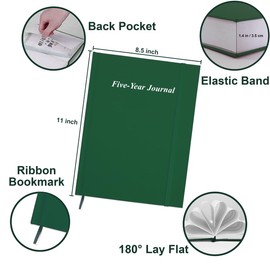 Hard Cover 5 Year Journal | The Easiest to Use Five Year Journal | Quick and Easy Five Year Daily Journal System | 8.5'' x11'', Green
