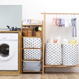 Sea Team 19.7 Inches Large Sized Waterproof Coating Ramie Cotton Fabric Folding Laundry Hamper Bucket Cylindric Burlap Canvas Storage Basket (19.7", Navy Blue Star)