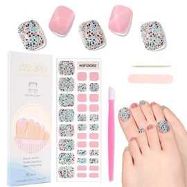 XEAOHESY 32pcs Semi Cured Gel Toenail Strips, Gel Pedicure Strips, Toe Nail Stickers, Needs to Be Cured With a Lamp, Come With Nail File, Wood Cuticle Stick, Plastic Press Stick（Blue Black Dots）