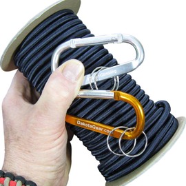 DakotaGear - Midnigh Blue 1/4in x 100ft. Shock Cord Marine Grade. Also Called Bungee Cord, Stretch Cord & Elastic Cord. Made in USA. Including 2 Carabiners.