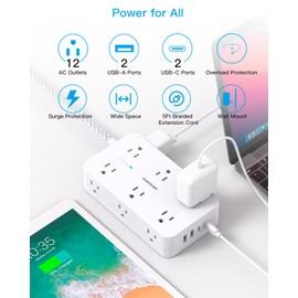 Power Strip Surge Protector, HANYCONY 12 Multiple Outlets 4 USB Ports (2 USB C), 5Ft Braided Extension Cord Flat Plug, Overload Surge Protection, Desk for Office Home College Dorm Room Essentials