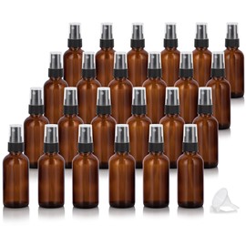 JUVITUS 2 oz / 60 ml Amber Glass Boston Round Bottle with Black Fine Mist Spray Atomizer (24 PACK) I Refillable Liquid Containers Includes Extra Phenolic Cap Closures for each bottle