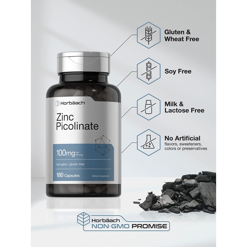 Horbäach Zinc Picolinate 100mg | 180 Capsules | High Potency