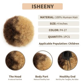 isheeny Human Hair Bun For Kids Age 2-5, 100% Human Hair Bun Drawstring Ponytail For Little Girls, Curly Fake Hair Bun Natural, Soft, And Durable For Repeated Use (P4-27, Small 1pcs)