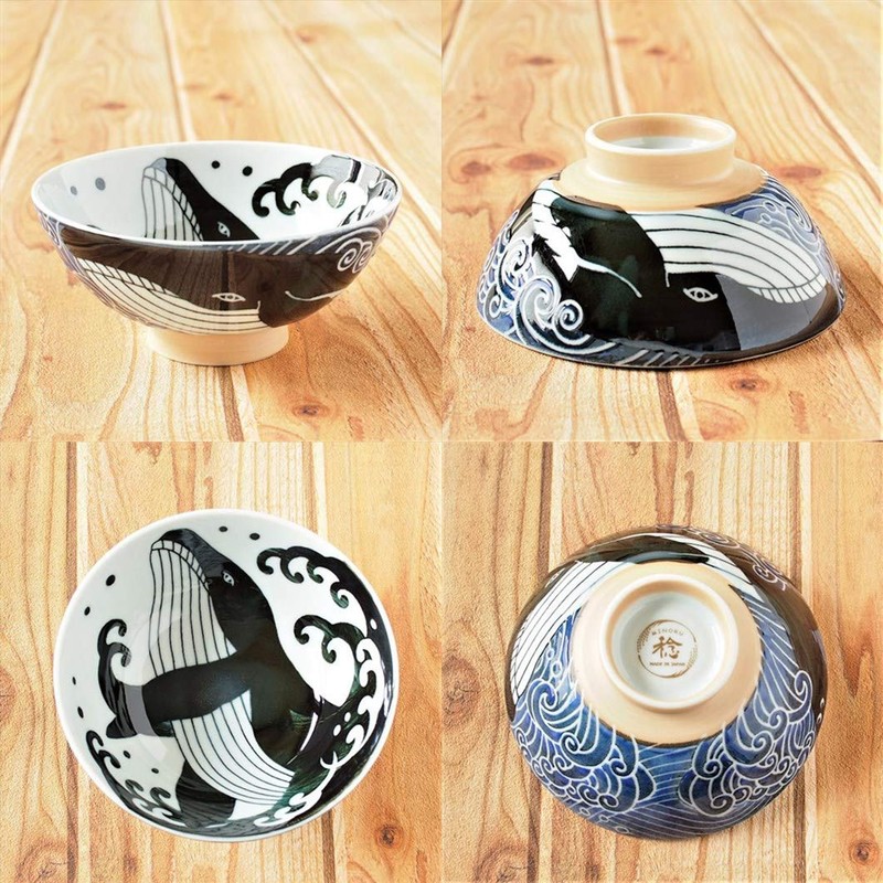 Minorutouki Rice Bowl Extra Large White Wave Whale Blue φ5.8×H2.6in