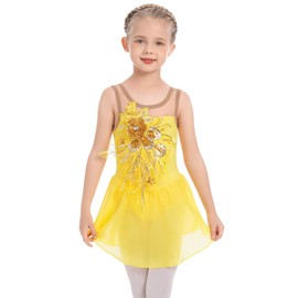 AFAVOM Figure Skating Dress for Girls Sequin Flower Mesh Ice Skating Dress Ballet Dance Leotard Dress Chiffon Skirted Ballerina Dancewear for Competition Stage Performance Costume Yellow 9-10 Years