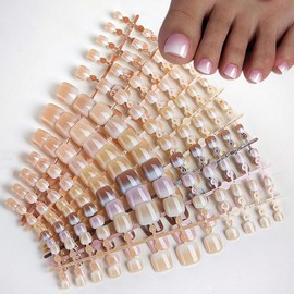 216Pcs Ombre Press on Toenails Square Fake Toe Nails White Gradient False Toenails Full Cover Acrylic Glue on Toenails Pink Nude Toe Press on Nails Artificial Stick on Toenails for Women Manicure