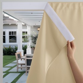 RYB HOME Outdoor Curtains with Magic Tape, Waterproof Windproof Outside No Rod Drapes for Pergola Sun Room Gazebo, Portable Self Adhesive Curtains W52 x L96 Inches, Biscotti Beige, 2 Panels
