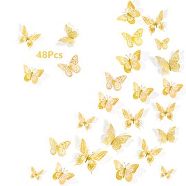 3D Butterfly Wall Decor - 48 Pcs, 4 Styles, 3 Sizes, Gold Butterfly Decorations for Birthday & Party, Removable Stickers