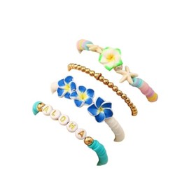 ChungLong0593 Hawaiian Plumeria Rubra Heishi Surfer Stretch Bracelet Set for Women Boho Flower Polymer Clay Beaded Stackable Bracelets Summer Ocean Beach Jewelry-4pcs Blue