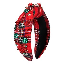 Christmas Holiday Headband for Women Christmas Accessories Reindeer Snowflake Candy Cane Knotted Headband (Plaid A)