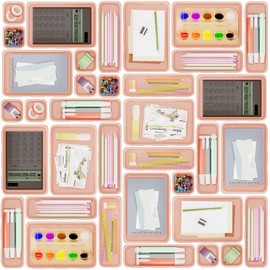 45 Pack Desk Drawer Organizer Tray, 3-Size Plastic Drawers Organizer Storage for Kitchen, Bathroom, Office, Vanity, Makeup, Utensils, Junk Drawer Organizer Bins, Gadget Trays for Organizing, Pink