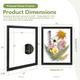 16x20 Pressed Flower Frames - Black Floating Frame - Real Glass Front - Display 11x14 Picture with Floating or 16x20 Picture without Floating - Solid Wood Frame for Wall Mounting - Black - 1 Pack