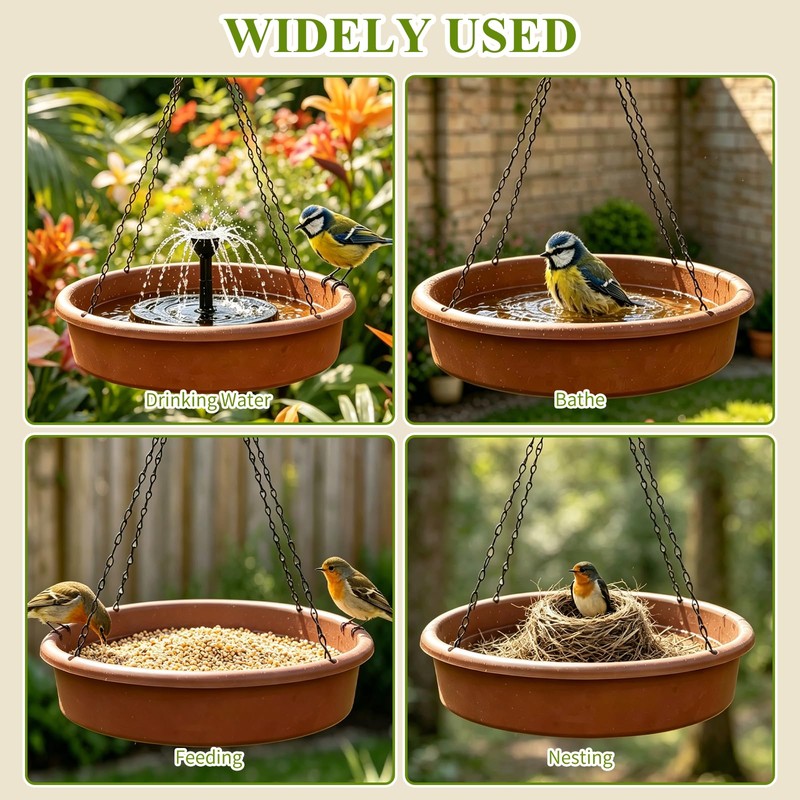 12 Inch Hanging Solar Bird Bath Fountain, Brown Outdoor Garden