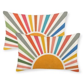 JEFERSO Summer Pillow Covers 12x20 Set of 2 Colorful Stripes Yellow Sunshine Outdoor Throw Pillows Boho Rainbow Sun Decorative Pillowcase Lumbar Modern Farmhouse Cushion Case for Home Bedroom Decor