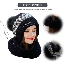 Winter Hats for Women Men, Integrated Ear Protection Windproof Cap Scarf Fluffy Thermal Hooded Scarf 2 in 1 Winter Warm Knitted Hat Scarf Bobble Hat with Scarf Attached (AU, Alpha, One Size, Black)