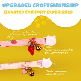 Viiotu 2 Pack Cotton Breakaway Cat Collars with Bells, Cute Pink Strawberry and White Heart Pendant,Adjustable 18-30cm Safety Comfy Breathable Collars for Kittens Cats (Pink&White, One Size)