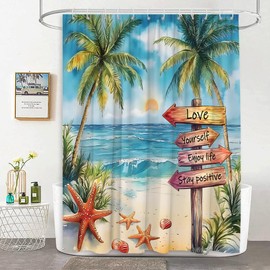 JEJOMEAG Tropical Beach Palm Tree Shower Curtain Ocean Inspirational Quotes Coastal Sunset Watercolor Scenery Art Fabric Bathroom Decor Curtain with Hooks, 70Wx70H