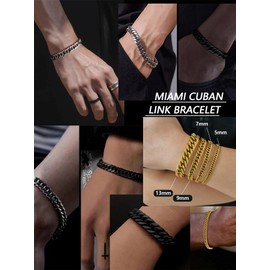 Oaldilee Black Miami Cuban Link Chain Bracelet Mens Fashion Jewelry 7mm 9"