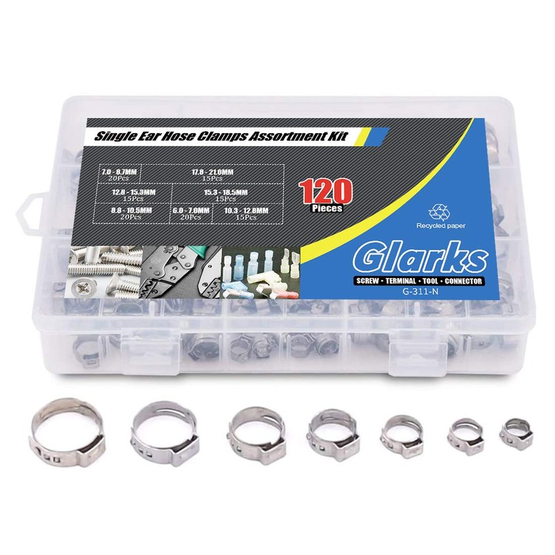 Glarks 120Pcs 7-21mm 304 Stainless Steel Single Ear Hose Clamps