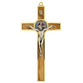Saint Benedict Medal Wall Crucifix | Patron Saint of Students and Europe | Catholic Home Décor | Great Gift for Baptism, First Holy Communion, and Confirmation, 7.8L" x 4W", Metal Wood