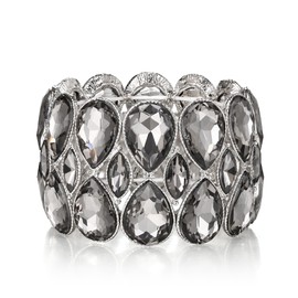 BriLove Wedding Bridal Bracelet for Brides, Crystal Double Row Water Drop Marquise Cluster Stretch Bangle for Women Dress Costume Jewelry Grey Silver-Tone