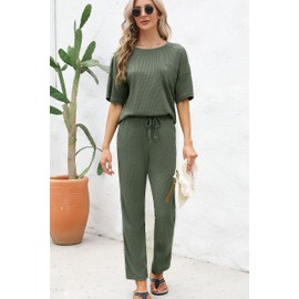 JiniGolla Pj Set for Women Waffle Pajamas Sleepwear Soft Pjs Loungewear Two Piece Short Sleeve Lounge Set Green XL