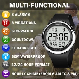 Hearkent 8 Alarms and Vibrating Watch Medication Reminder for Deaf or Senior-Friendly Big Number Digital 50m Waterproof Watch