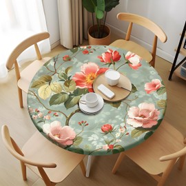 Pardick Elegant Ethnic Flower Round Fitted Tablecloth with Elastic Table Cover Round Elastic Tablecloth, Waterproof Wipeable Fitted Table Cloth, Fits Tables up to 45"-50" Diameter