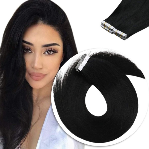 Tape in Hair Extensions Jet Black #1 Tape in Black Hair Extensions Remy Hair Short Black Hair Extensions Tape in Silky Human Hair 14inch 20pcs 50g