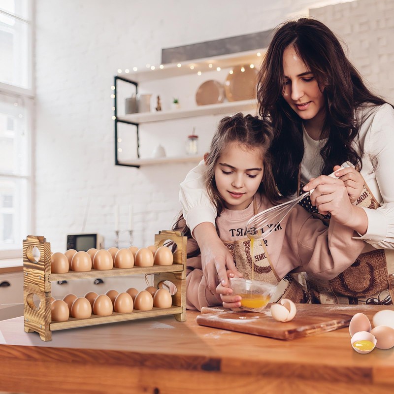 AOOHOOA Wooden Egg Holder Countertop, Stackable Wooden Egg Storage &