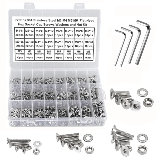 FandWay 720Pcs M3 M4 M5 M6 Flat Head Hex Socket