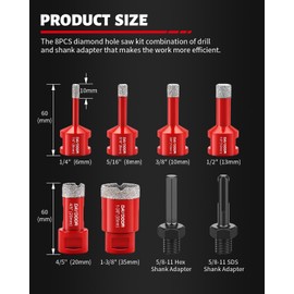 DAYDOOR Diamond Hole Saw Kit, 8-Piece Tile Hole Saw Kit 1/4" 5/16" 3/8" 1/2" 4/5" 1-3/8", Vacuum Brazed Core Drill Bits for Porcelain Tile, Granite, Marble, Stone(Red)