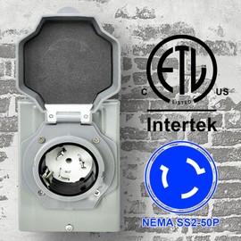 50 Amp Generator Inlet Box with 4 Pre-Drilled Holes Green Safely Light NEMA SS2-50P for 3 Prong Generator 125/250 Volts 12500 Watts Outdoor RV Use, ETL Listed for Emergency in Snowstorm Weather