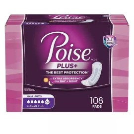 POISE  PLUS Ultimate Absorbency Pads 108 Long Length Pads For Day or Night Time