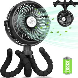 Verbesserte Kinderwagen-Ventilatoren 5200mAh Akku, Leise USB Ventilator mit 3 Stufen & 360° Verstellbar, Tragbare Camping Mini Tischventilator 24 Stunden, Handventilator mit Flexiblem Stativ, Ø14.8 cm