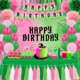 Pink and Green Party Decorations, Witch and Princess Birthday Party Decor Included Happy Birthday Banner Backdrop, Pink and Green Balloons Pom Fringe Curtain Tassel for Girls Women