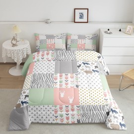 Deer Antlers Silhouette Comforter Set Twin Size,Wild Animals Bedding Set 2pcs for Kids Teens Adults Room Decor, Geometric Arrow Lattice Quilt Set Pink Natural Duvet Insert with 1 Pillowcase