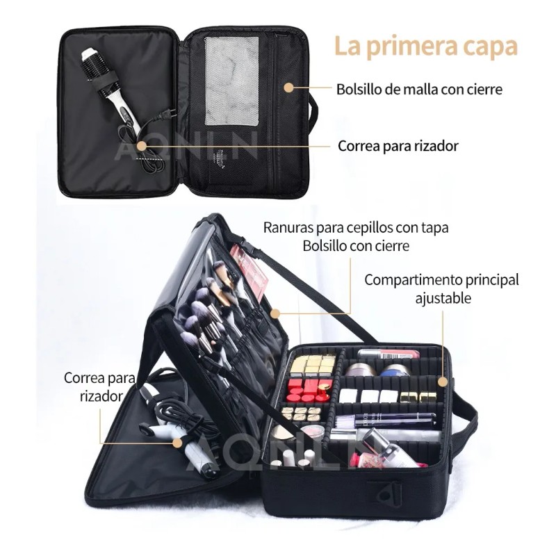 Estuche De Maquillaje De Viaje Profesional Con Divisores L Negro