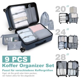 OBSGUMU Suitcase Organiser Set, 9 Pieces Packing Cubes for Travel, Packing Bags for Suitcases, Travel, Clothes Bags, Packing Cubes with Cosmetic Bag, Packing Cube for Travel Utensils (Grey)