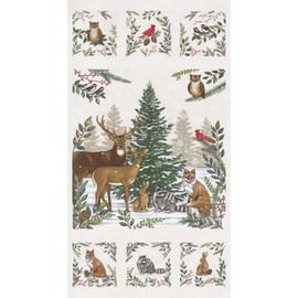 Moda Fabrics 24"" X 44"" Panel Woodland Winter Animals Deer Bucks Birds Owls Greenery Holy Pine Needles Snowflakes Cream Cotton Fabric Panel (56099-11)