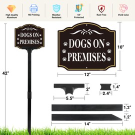 Dog on Premises Sign with Adjustable Height Stake Set, Beware of Dogs Signs for Fence,12x10 Inch/42 Inch High-50-mil Thick Aluminum, Dog on Duty Sign for Yard/Home/Front Door -Plug and Play Ready